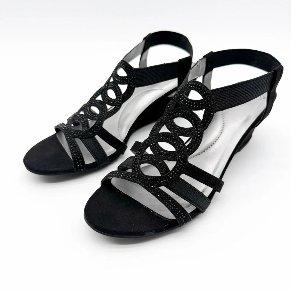 Jones New York Denice Embellished Strappy Wedge Sandal Elastic Ankle Black 8 NEW